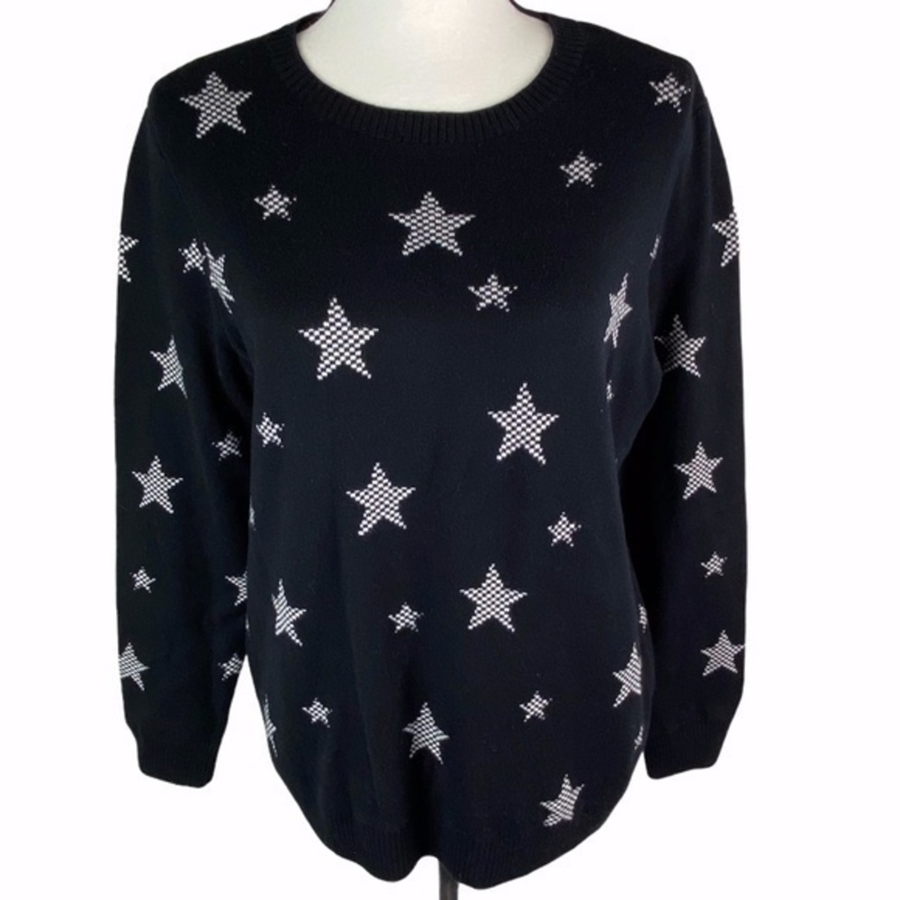 Charter Club‎ Sweater Top Black and Cream Star Pattern Knit